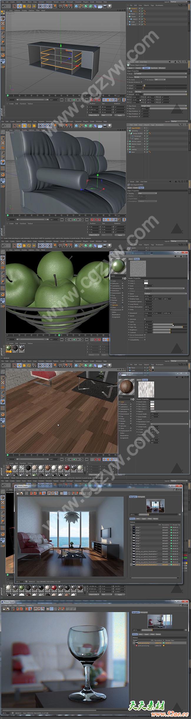 C4D教程-室内建模材质灯光渲染教程 Cinema 4D Interiors Training Bundle