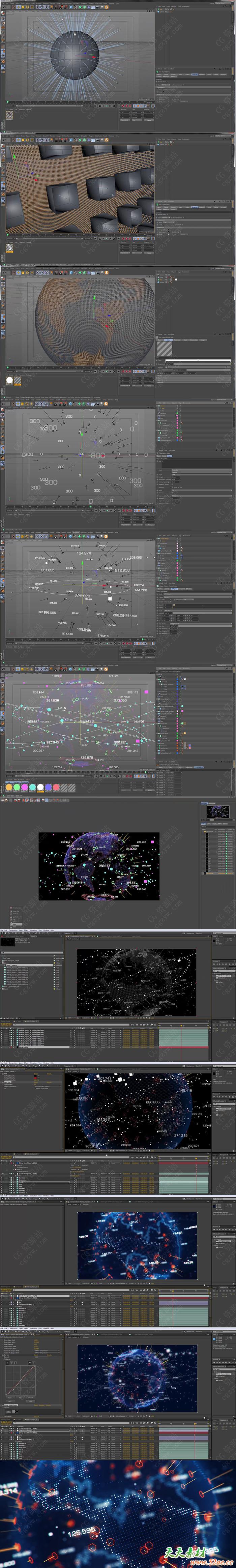 C4D和AE创建一个未来高科技全息粒子地球旋转动画特效制作教程