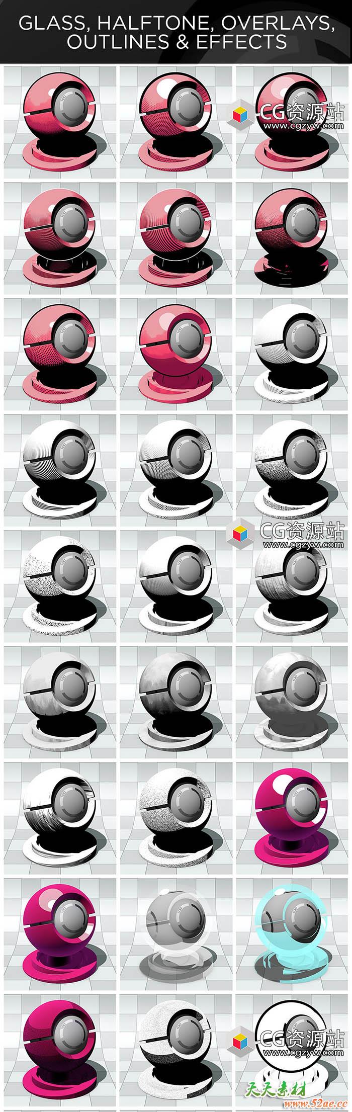 C4D材质预设-900+三维渲二维素描卡通MG水彩手绘预设