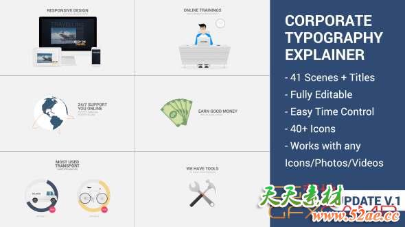 AE模板-扁平化商务企业宣传介绍MG动画片头 Corporate Typography Explainer-天天素材网