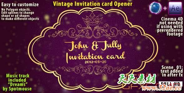 AE+C4D模板-三维复古邀请函动画 Vintage Invitation Card-天天素材网