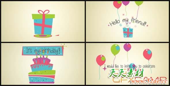AE模板-卡通生日邀请片头动画 Invitation Card-天天素材网