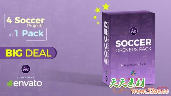AE模板-4个足球栏目包装开场片头 Soccer Openers Pack-天天素材网