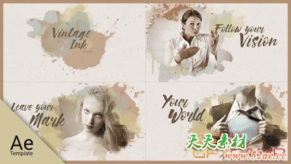 AE模板-复古水墨滴落遮罩图片开场 Vintage Ink-天天素材网