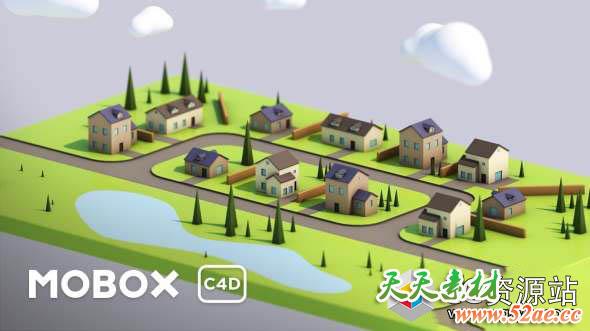 C4D教程-低多边形城市场景建模 Low Poly Town 3D Modeling-天天素材网