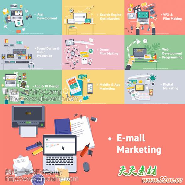 AE模板+Premiere预设：创意扁平化商务办公桌MG动画片头-天天素材网