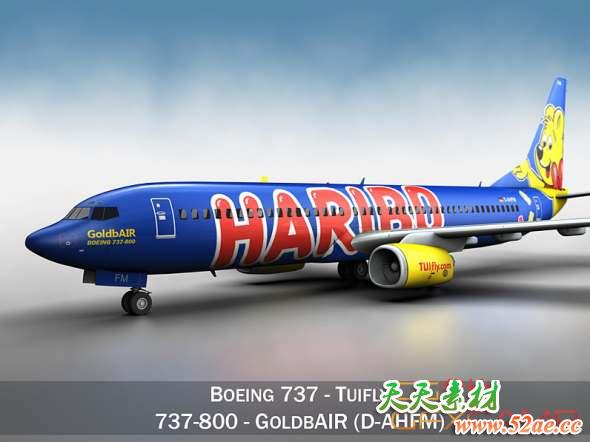 波音飞机3D模型 CubeBrush – Boeing 737-800 GoldbAIR(C4D/FBX/OBJ/3DS/LWO格式)-天天素材网