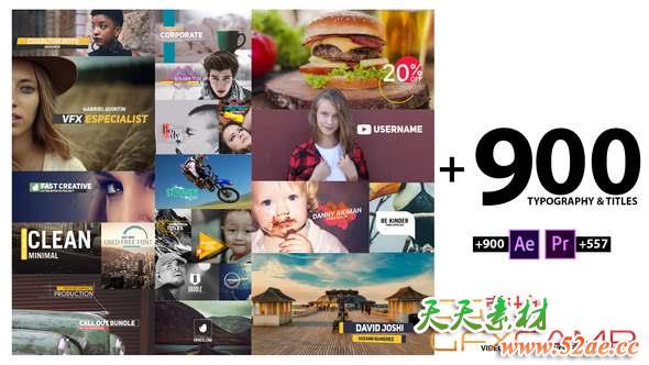 AE模板+PR预设-900组文字标题字幕条动画 900 Typography & Titles-天天素材网