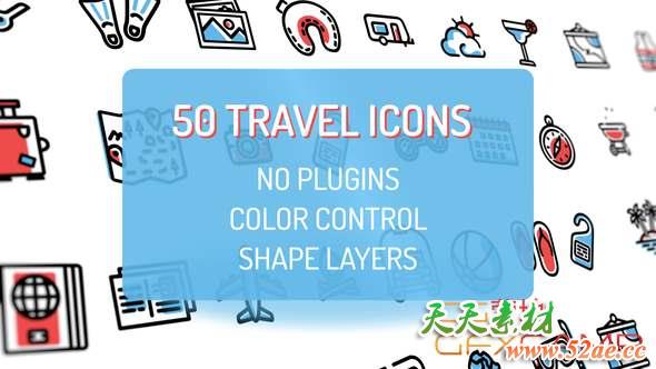 AE模板-50个旅游图标ICON动画 Travel Holiday Flat Icons-天天素材网