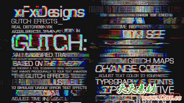 AE模板-色彩分离信号损坏文字标题动画 Glitch Text Effects Toolkit + 30 Title Animation Presets-天天素材网