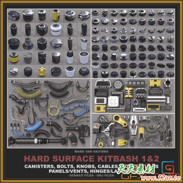 大量零件硬面3D模型 Gumroad – Hard Surface Kitbash Library 1-天天素材网