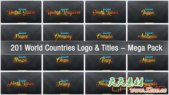 AE模板-国家地图Logo文字动画 201 World Countries Logo & Titles – Mega Pack-天天素材网