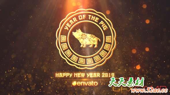 AE模板-金色粒子猪年新年动画片头 Chinese New Year 2019-天天素材网