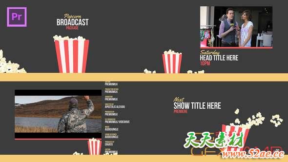Premiere模板-爆米花电影栏目包装 Popcorn Broadcast Package Essential Graphics-天天素材网