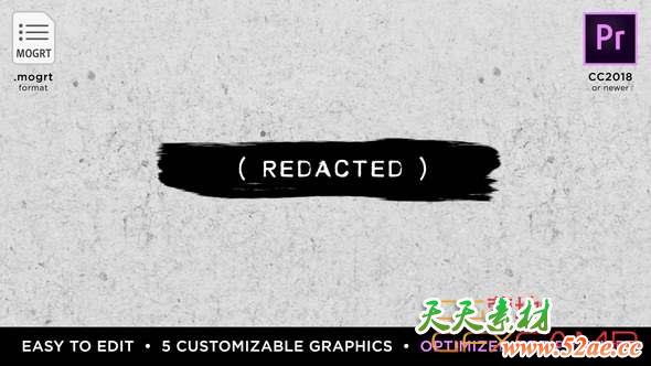 5组PR笔刷文字标题动画预设 Redacted Titles MOGRT for Premiere Pro-天天素材网