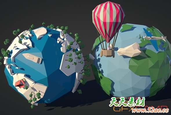 低多边形地球3D模型 Cubebrush – LowPoly Earth Pack-天天素材网
