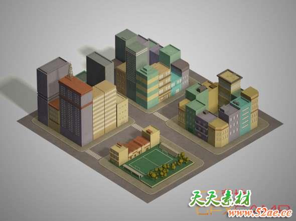低多边形城市街区楼房3D模型 Cubebrush – LowPoly Pack of 4 City Blocks-天天素材网