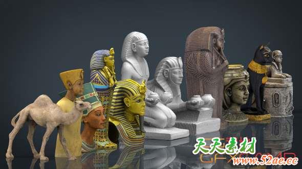 埃及半身像雕塑3D模型 Cubebrush – 3D Egypt Collection Pack-天天素材网