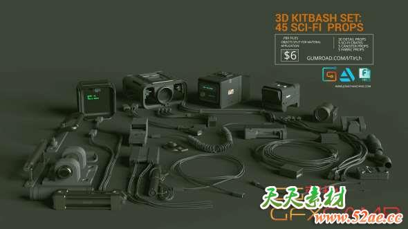 科技感小道具3D模型 Artstation MarketPlace – 3D Kitbash Set Vol 1 – 45 Sci-Fi Props-天天素材网
