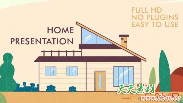 AE模板-卡通房屋室内介绍MG动画片头 Presentation house-天天素材网