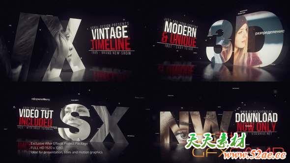 AE模板-三维文字遮罩时间线片头 Vintage Timeline Title-天天素材网