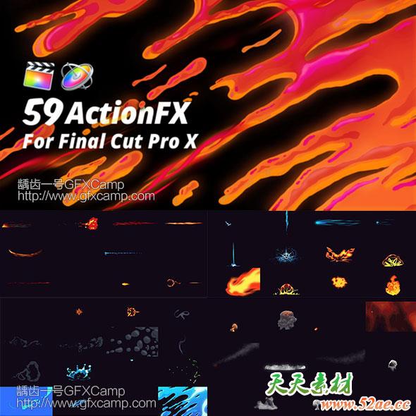 FCPX插件：59组火焰烟雾水流爆炸能量电流MG动画卡通元素-天天素材网