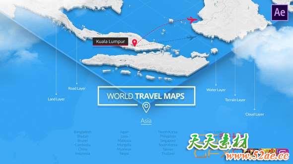 AE模板-亚洲地图旅游地点连线动画 World Travel Maps – Asia-天天素材网