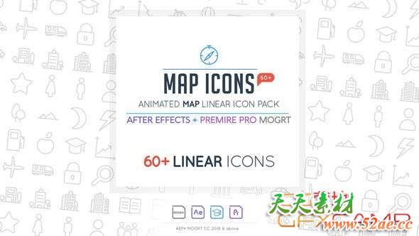 AE模板+PR预设-60+线条图标ICON动画 Map Linear Icon Pack-天天素材网