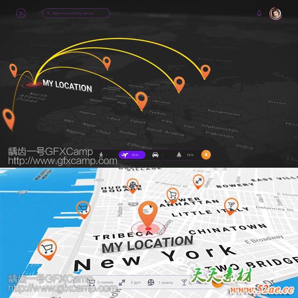 AE模板-地图连线任意地点展示动画工具包-天天素材网