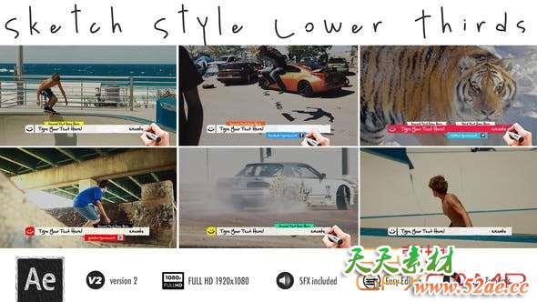 AE模板-卡通手写风格人名字幕条动画 Lower Thirds – Sketch-天天素材网