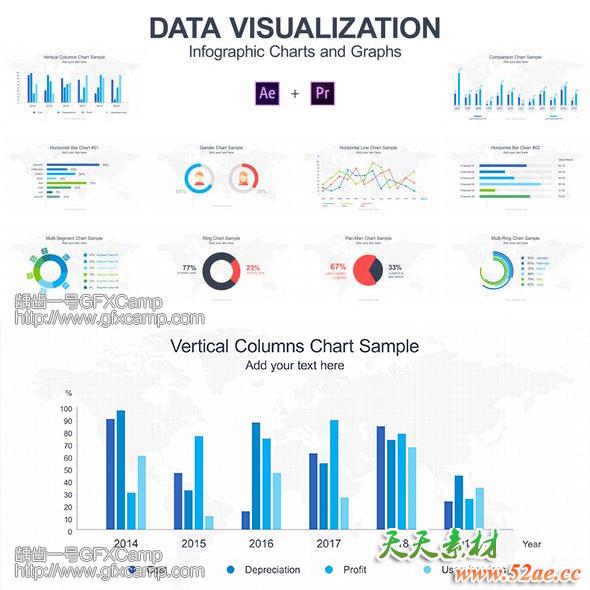AE模板+PR预设：数据图表柱状图环形饼状图趋势图动画-天天素材网