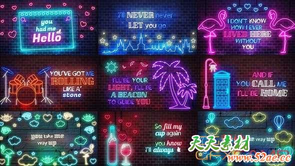 AE模板-创意霓虹灯歌词文字动画 Neon Lyrics Template-天天素材网