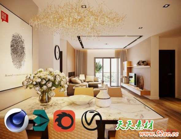 客厅卧室室内场景3D模型 CGTrader – Full House Design 4 for Cinema 4D and 3DS MAX 3D Model-天天素材网