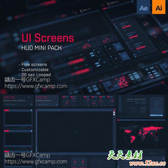 AI+AE模板-科技感HUD屏幕界面元素动画-天天素材网