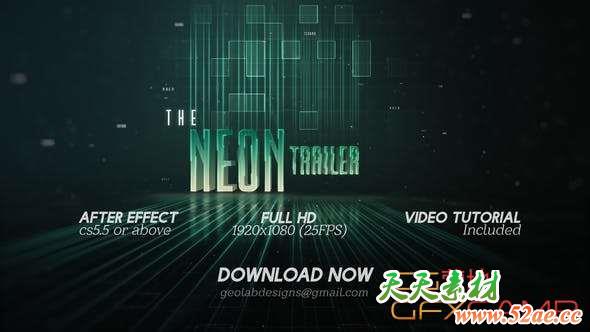 AE模板-三维霓虹科技感文字视频宣传片头 The Neon Trailer-天天素材网