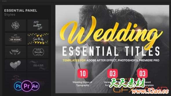 AE模板+PR预设-浪漫婚礼文字标题包装动画 Essential Wedding Titles-天天素材网