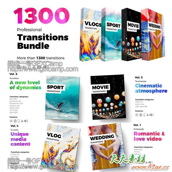 Premiere模板-1300组婚礼体育vlog摄像机平移扭曲旋转PR视频转场-天天素材网