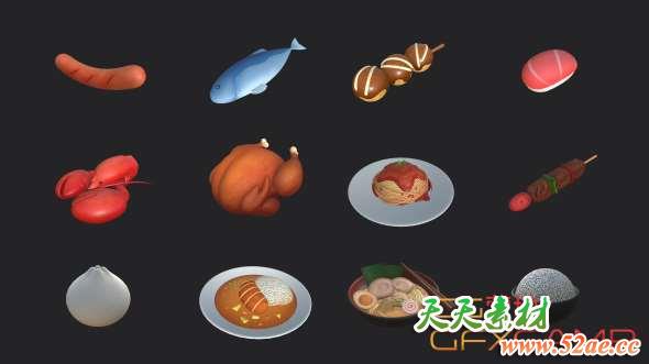 中国风卡通食物3D模型 Cgtrader – Cartoon Food Pack 2 3D model-天天素材网