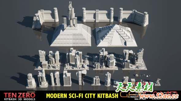 科幻建筑楼房3D模型 CGTrader – Modern Sci-Fi Buildings Kitbash 3D Models (FBX/OBJ/MAX格式)-天天素材网