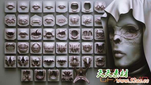 异形生物嘴巴ZBrush笔刷模型 FlippedNormals – MOUTHS – 40 ZBrush VDMs + 5 bonus variations-天天素材网