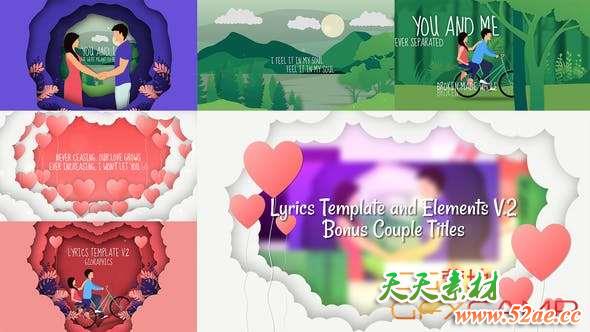 AE模板-剪纸风格情侣婚礼浪漫歌词卡通片头动画 Lyrics Template and Elements V.2 – Paper Cut Concepts-天天素材网