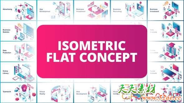 AE模板-三维等距扁平化风格场景元素MG动画 Isometric Flat Concept-天天素材网