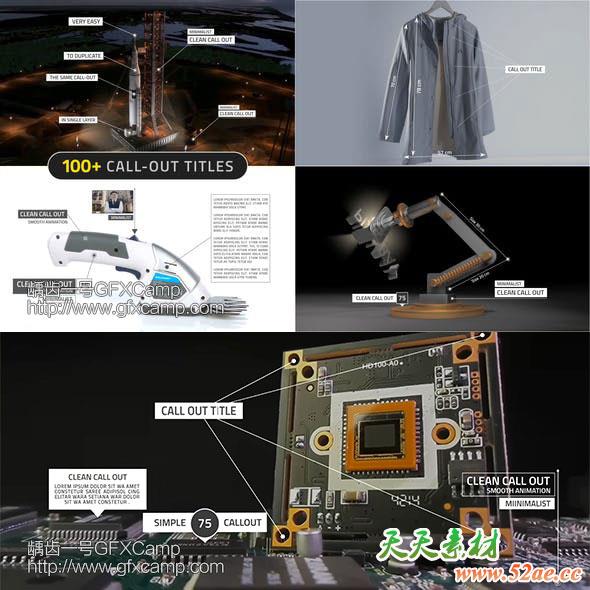 AE模板-100组目标点介绍呼叫指示线条测量动画-天天素材网