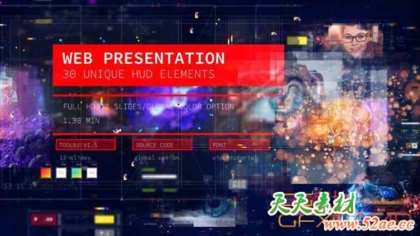 AE模板-科技感HUD元素图片展示片头 Web Presentation-天天素材网