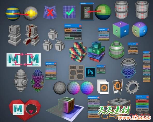 Maya建模展UV贴图脚本插件 Gumroad – Mel Script Pack – Modeling + UV Mapping Scripts-天天素材网