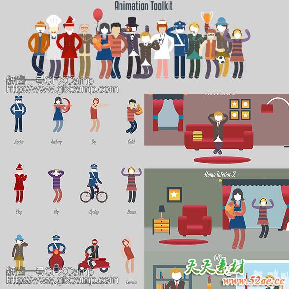 AE模板-简单线条卡通职业警察医生人物动作MG动画场景元素包 animation toolkit-天天素材网