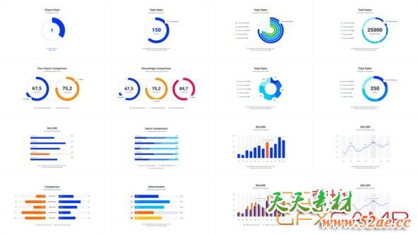AE模板-扁平化柱状图饼状图趋势图动画 Infographics Charts Pack-天天素材网