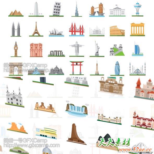 AE模板-100个二维卡通世界著名旅游景点地标扁平化IOCN图标MG动画-天天素材网
