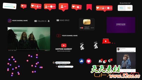 AE模板-社交网络点赞订阅元素动画 Social Medial Elements-天天素材网