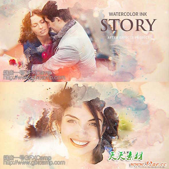 AE模板-水墨滴落晕染遮罩图片相册浪漫爱情婚礼回忆片头开场+音乐-天天素材网